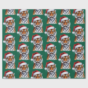 Trendy Tiger with Santa Hat Christmas Green Wrapping Paper
