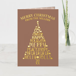 Trendy Tree Non-Photo Folded Brown Gold Foil Holiday Card
