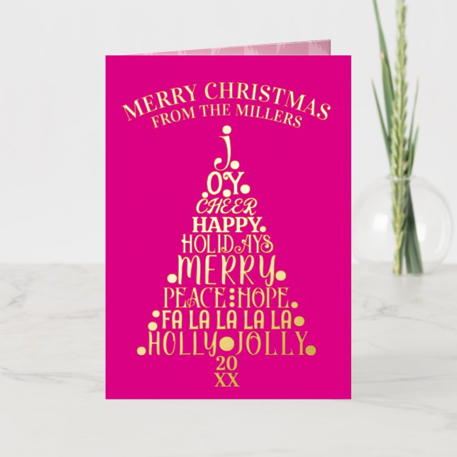 Trendy Tree Non-Photo Folded Hot Pink Gold Foil Holiday Card (Front)