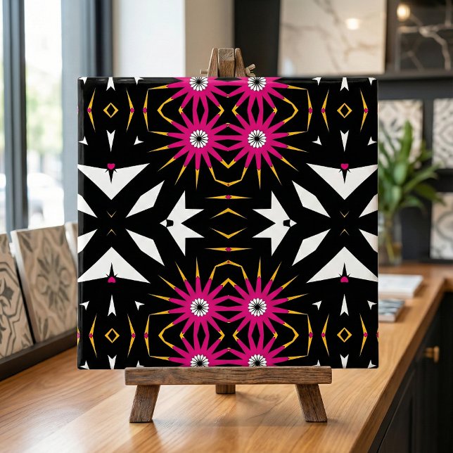 Trendy Tribal Abstract Black & Pink Geometric Tile (Creator Uploaded)