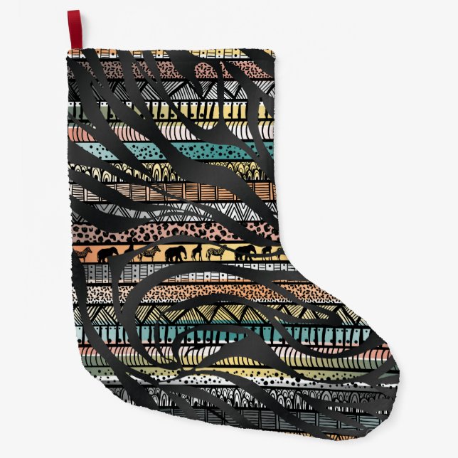 Trendy Tribal African Pattern Zebra Print Large Christmas Stocking (Front)