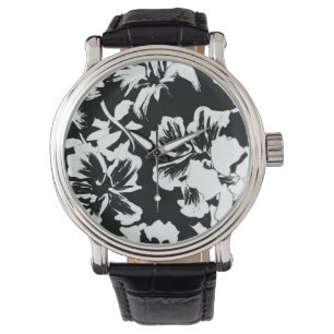 Trendy Tropical Abstract B&W Floral Pattern Watch