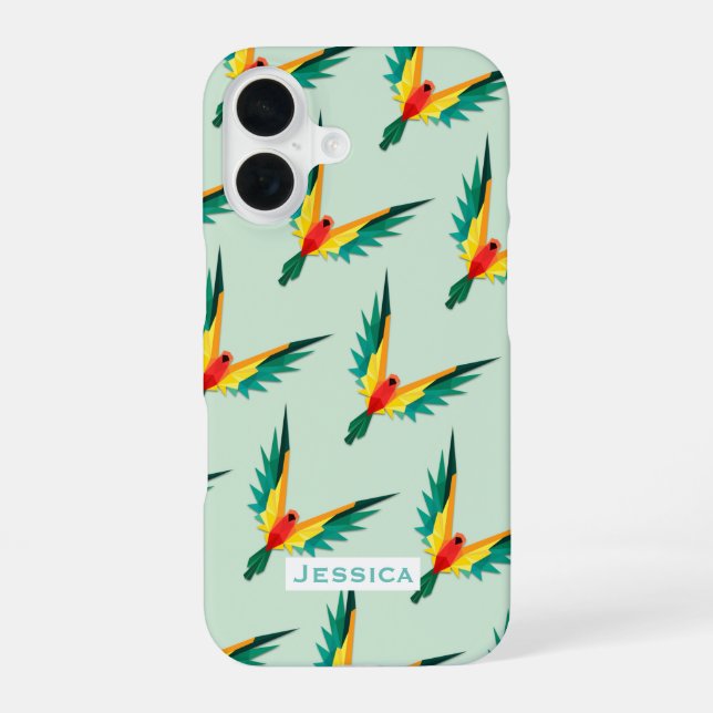 Trendy Tropical Bird Pattern Blue Personalised iPhone 16 Case (Back)