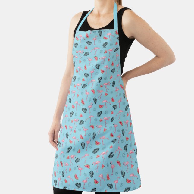 Trendy Tropical Flamingo & Watermelon Apron (Insitu)