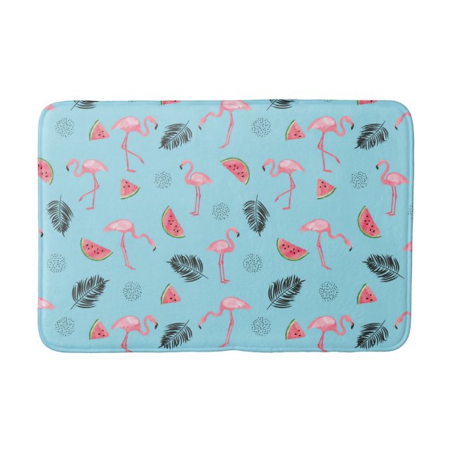 Trendy Tropical Flamingo & Watermelon Pattern Bath Mat (Front)