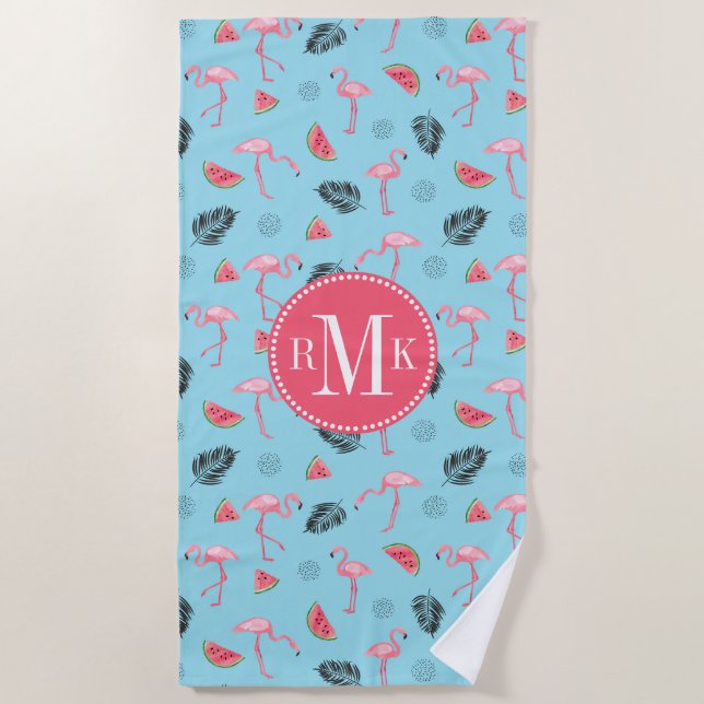 Trendy Tropical Flamingo & Watermelon Pattern Beach Towel (Front)
