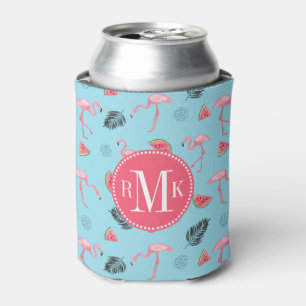 Trendy Tropical Flamingo & Watermelon Pattern Can Cooler