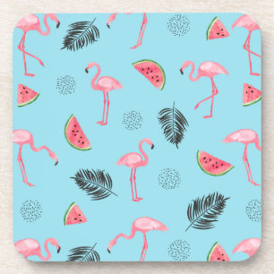 Trendy Tropical Flamingo & Watermelon Pattern Coaster