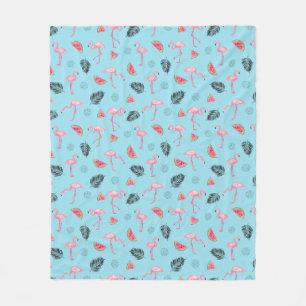 Trendy Tropical Flamingo & Watermelon Pattern Fleece Blanket