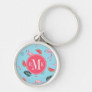 Trendy Tropical Flamingo & Watermelon Pattern Key Ring