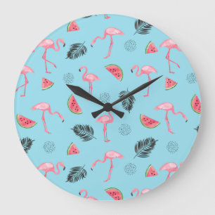 Trendy Tropical Flamingo & Watermelon Pattern Large Clock