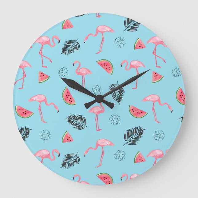 Trendy Tropical Flamingo & Watermelon Pattern Large Clock (Front)
