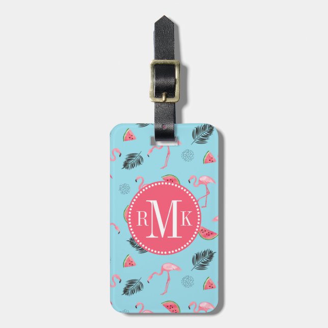 Trendy Tropical Flamingo & Watermelon Pattern Luggage Tag (Front Vertical)