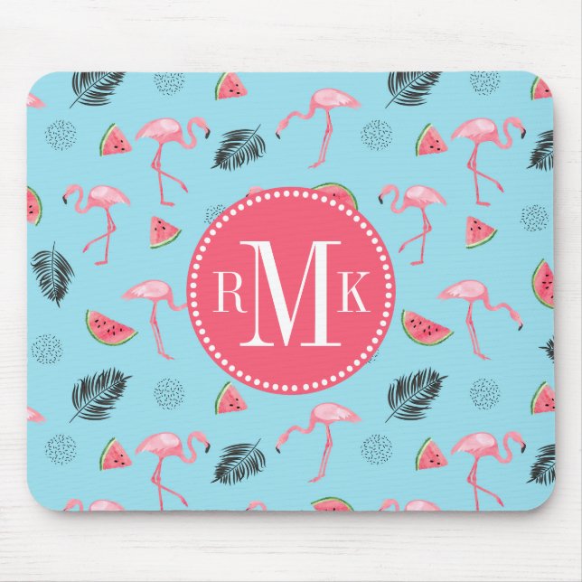 Trendy Tropical Flamingo & Watermelon Pattern Mouse Pad (Front)