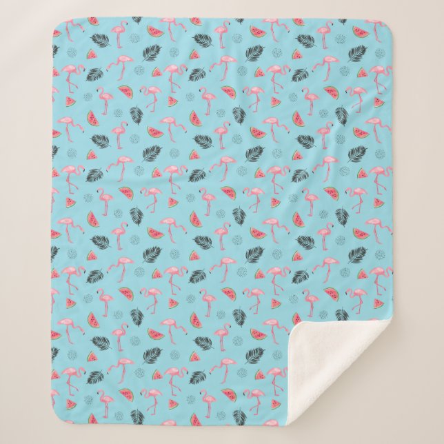 Trendy Tropical Flamingo & Watermelon Pattern Sherpa Blanket (Front)