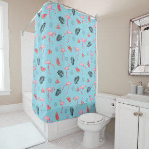 Trendy Tropical Flamingo & Watermelon Pattern Shower Curtain