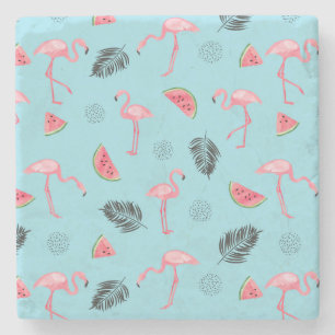 Trendy Tropical Flamingo & Watermelon Pattern Stone Coaster