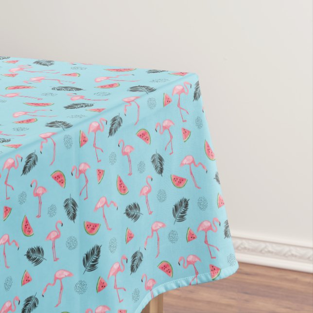 Trendy Tropical Flamingo & Watermelon Pattern Tablecloth (In Situ)