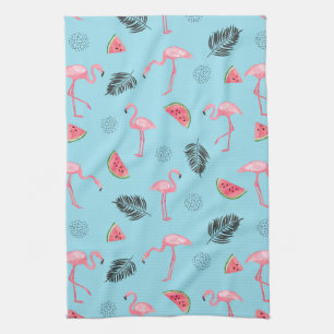 Trendy Tropical Flamingo & Watermelon Pattern Tea Towel