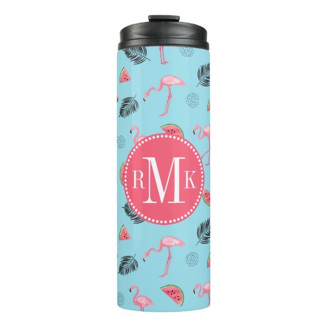 Trendy Tropical Flamingo & Watermelon Pattern Thermal Tumbler (Front)