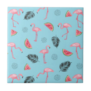 Trendy Tropical Flamingo & Watermelon Pattern Tile