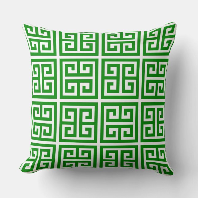 Trendy Tropical Green Greek Key Pattern Cushion (Front)
