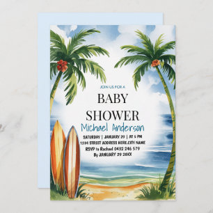 Trendy tropical Summer surfing Beach Baby Shower Invitation
