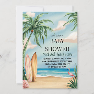 Trendy tropical Summer surfing Beach Baby Shower Invitation