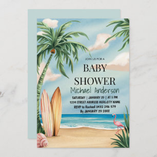Trendy tropical Summer surfing Beach Baby Shower Invitation