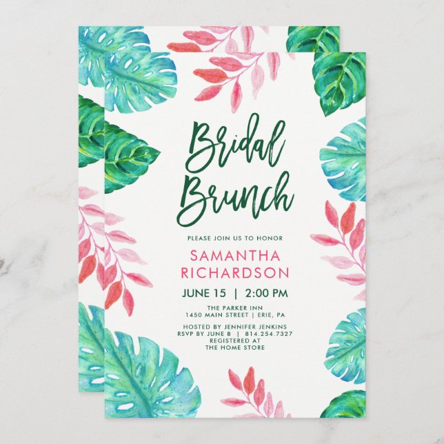 Trendy Tropical Watercolor Bridal Brunch Invitation (Front/Back)