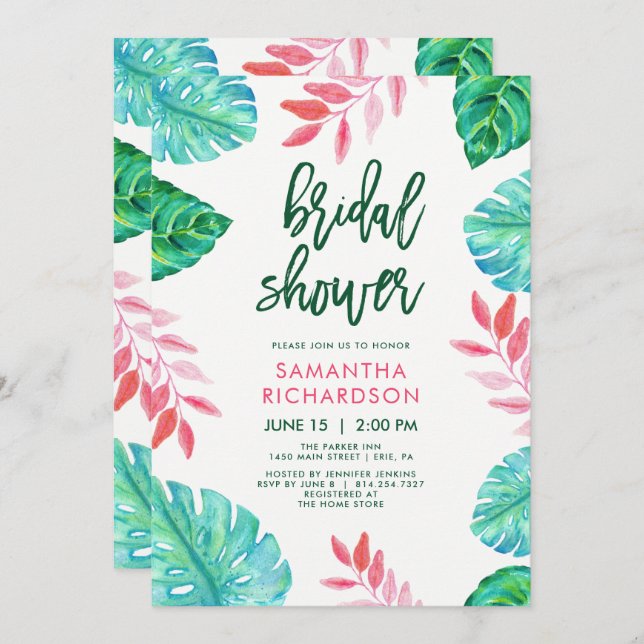 Trendy Tropical Watercolor Bridal Shower Invitation (Front/Back)