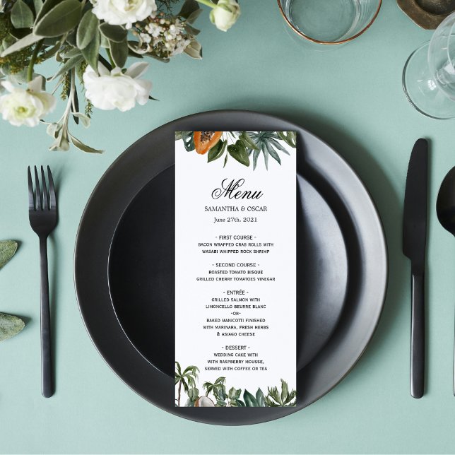 Trendy Tropical Watercolor Green Leaves Menu (Creator Uploaded)