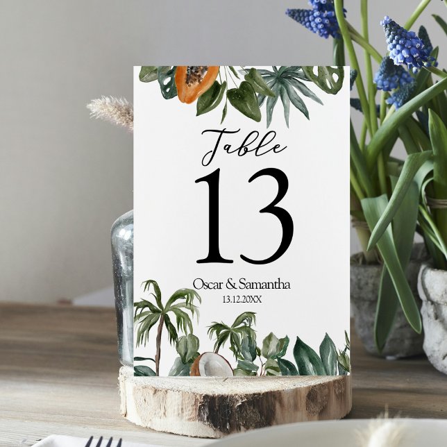 Trendy Tropical Watercolor Green Leaves Table Number (Creator Uploaded)
