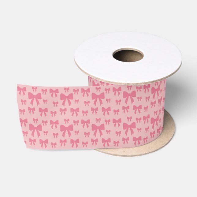 Trendy Tulip Pink Bows Pattern On Boho Chic Pink Satin Ribbon (Spool)