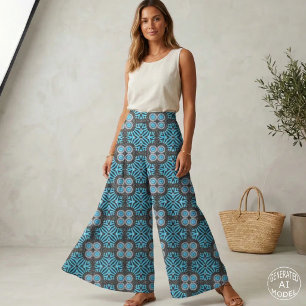 Trendy Turquoise Black Geometric Boho Pattern Fabric