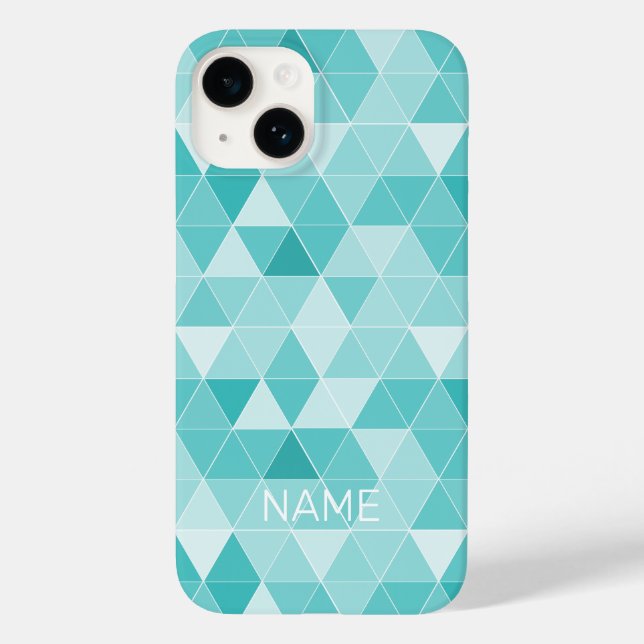 Trendy turquoise blue geometric print custom name Case-Mate iPhone case (Back)