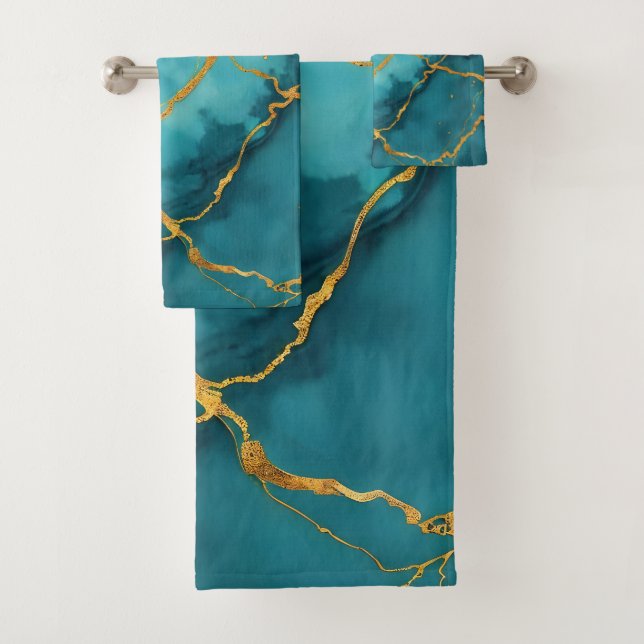 Trendy Turquoise Blue Gold Marble Collection Bath Towel Set (Insitu)