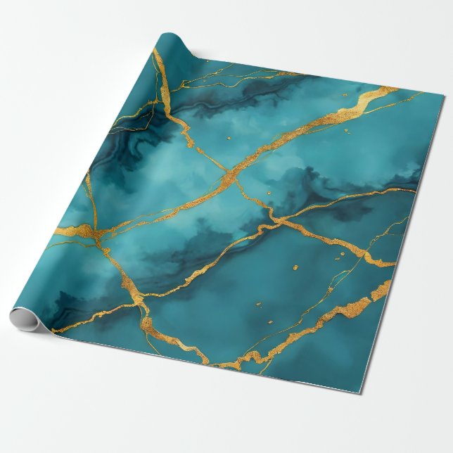 Trendy Turquoise Blue Gold Marble Collection Wrapping Paper (Unrolled)