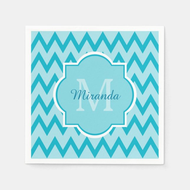Trendy Turquoise Chevron Zigzag Name and Monogram Napkin (Front)