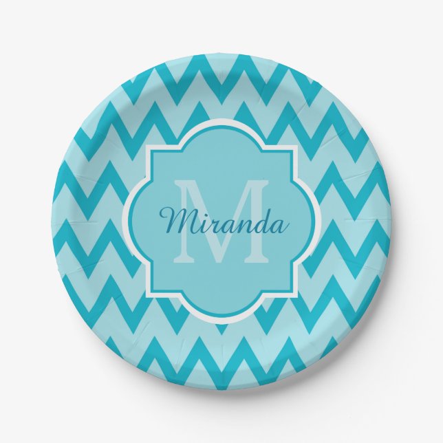 Trendy Turquoise Chevron Zigzag Name and Monogram Paper Plate (Front)