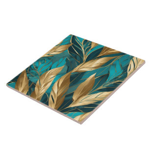 Trendy Turquoise Gold Boho Leaves Collection Tile