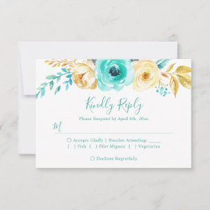 Trendy Turquoise Gold Floral Wedding RSVP Reply Card