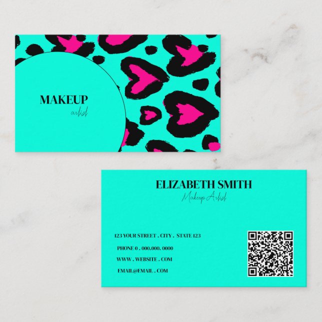 trendy turquoise hot pink Makeup Artist QR Code Business Card (Front/Back)