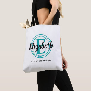 Trendy Turquoise Monogram Initial Script Name Tote Bag