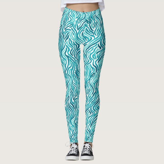 Trendy Turquoise Ocean Waves Watercolor Pattern Leggings (Front)