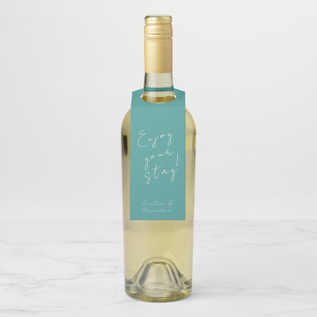 Trendy Turquoise Script Welcome Message Bottle Tag (On Bottle)