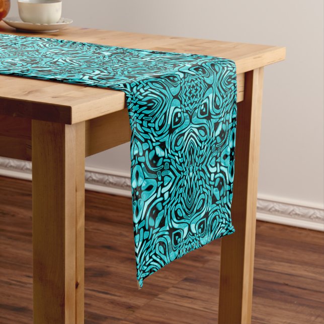 Trendy Turquoise Teal Blue Hip Bohemian Bali Art Medium Table Runner (In Situ)