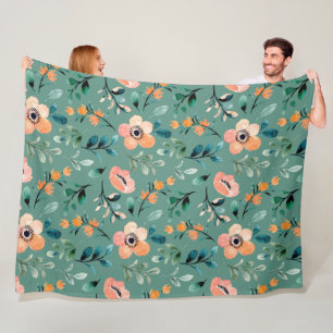 Trendy turquoise Wildflowers Boho pattern cute Fleece Blanket