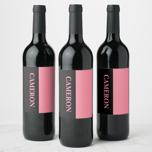 Trendy Two Colours | Name | Black and Salmon Pink Wine Label (Bottles)