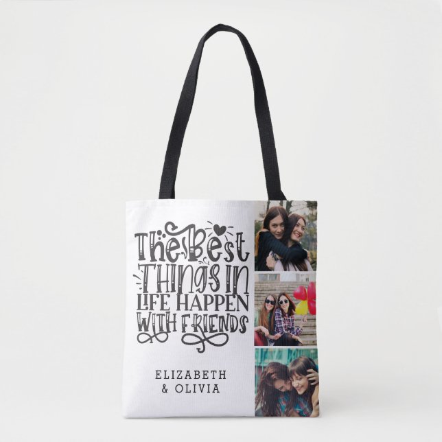 Trendy Typography Best Friends Names Photo Collage Tote Bag (Front)